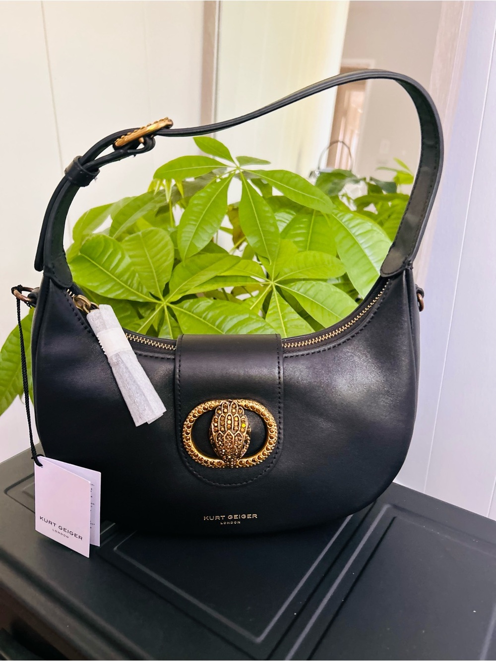 Kurt Geiger Leather Shoulder Purse with Gold Emblem. London, England